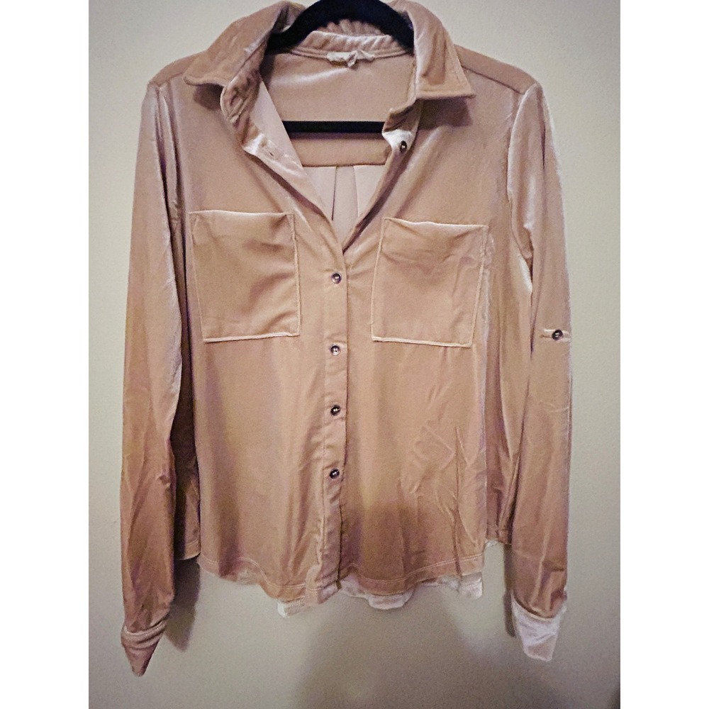 Easel Velvet Button Down Womens Small Tan Excellent Roll Tab Stretch Shirt